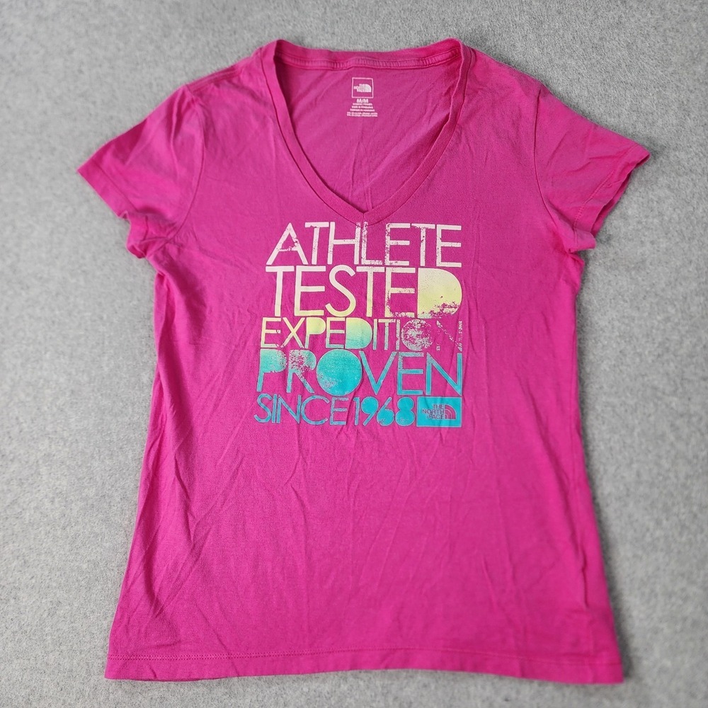 The North Face Women M Short Sleeve T-Shirt Pink V-Neck Athlete Tested Tee Shirt